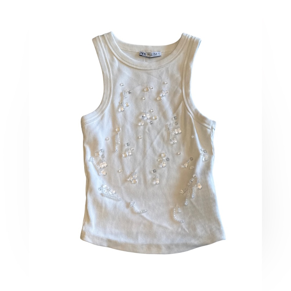 Zara White Embellished Tank Top